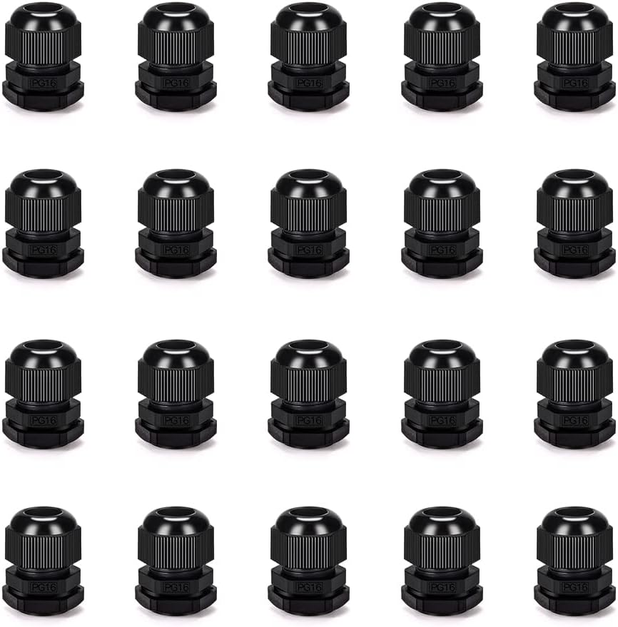 Cable Gland 20 Pack Plastic Waterproof Adjustable Connector 9-14mm PG16 Strain Relief Cord Connectors Joints Nylon with Gaskets