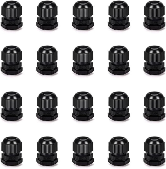 Cable Gland 20 Pack Plastic Waterproof Adjustable Connector 9-14mm PG16 Strain Relief Cord Connectors Joints Nylon with Gaskets