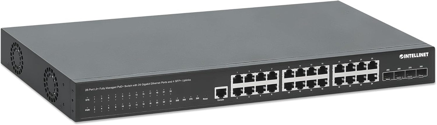 Intellinet 28-Port L2+ Fully Managed PoE+ Switch - with 24 Gigabit Ethernet Ports and 4 SFP+ Uplinks – 370W Power Budget, 30W per Port Max – 3 Yr Mfg Warranty – 561846