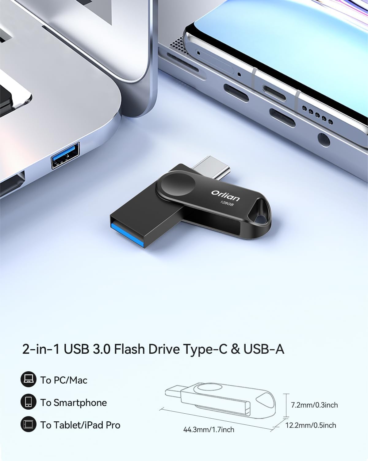 128GB Dual USB Type C +A Flash Drive 2-in-1 OTG USB 3.0 Thumb Drive Metal UDP Waterproof Swivel Design Portable for PC Laptop Tablet Android Smartphone iPhone 15 and More, Black