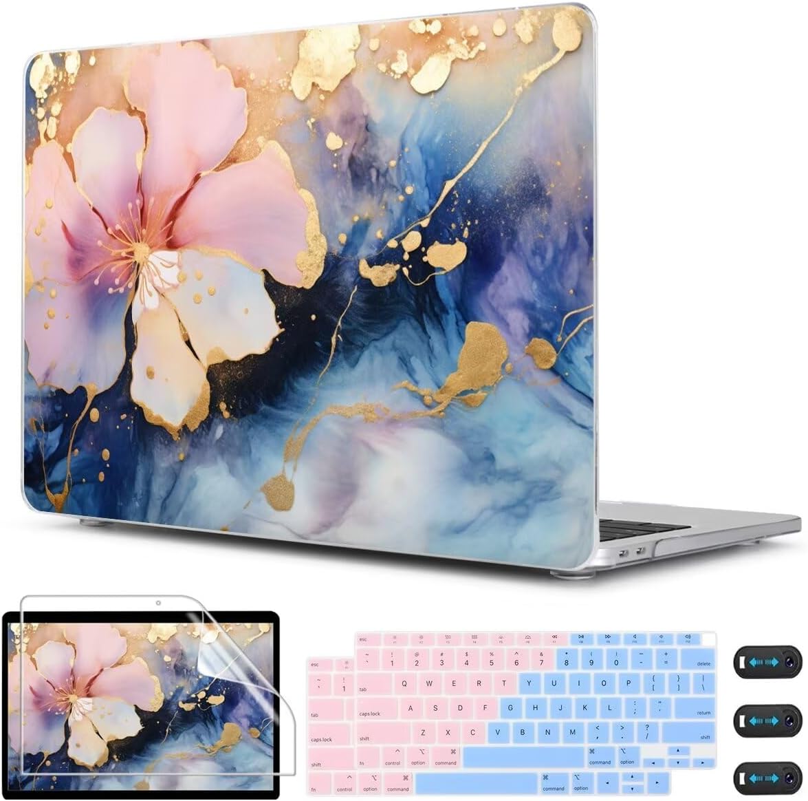 CISSOOK Compatible with MacBook Air 13 inch Case M1 A2337 A2179 A1932 2021 2020-2018, Plastic Hard Shell Case & Keyboard Cover & Screen Film for MacBook Air 13-inch with Touch ID, Marble Flower