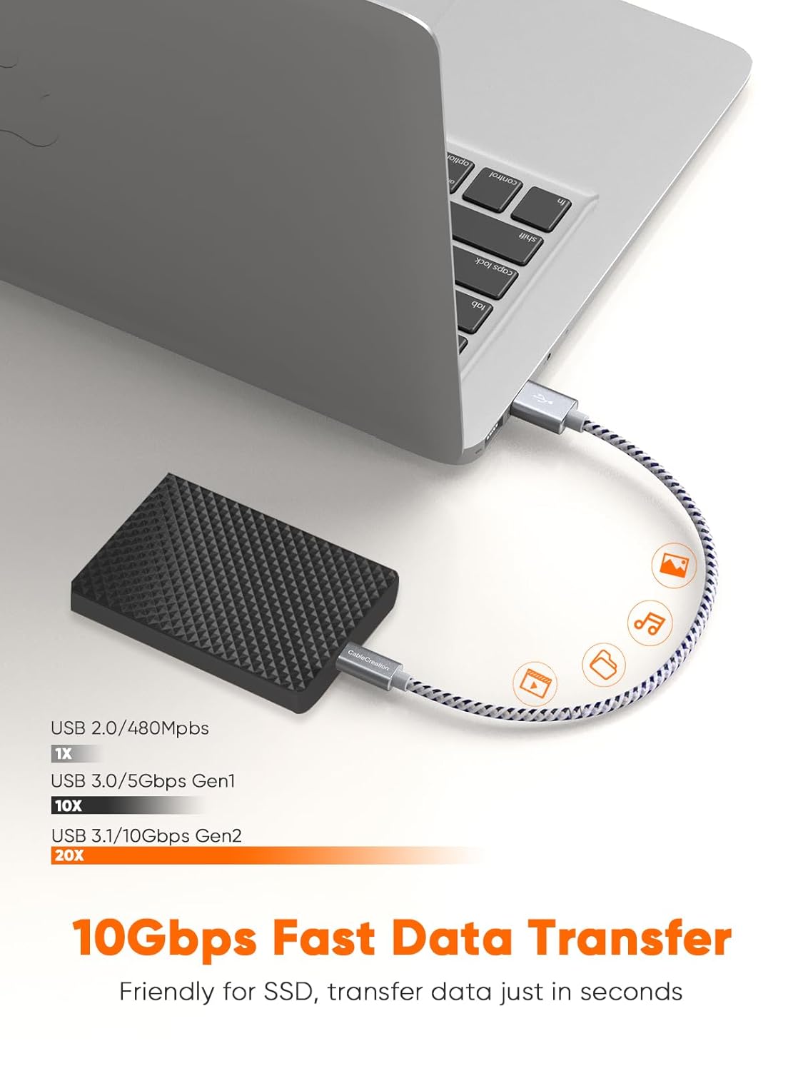 CableCreation USB A to USB C Short Cable 1FT 10Gbps, 3A Fast Charging Cable, USB C 3.1 Gen 2 Cable, USB-C Carplay Android Auto, Type C Cord for iPhone 16 15 Pro SSD Galaxy MacBook Pixel iPad