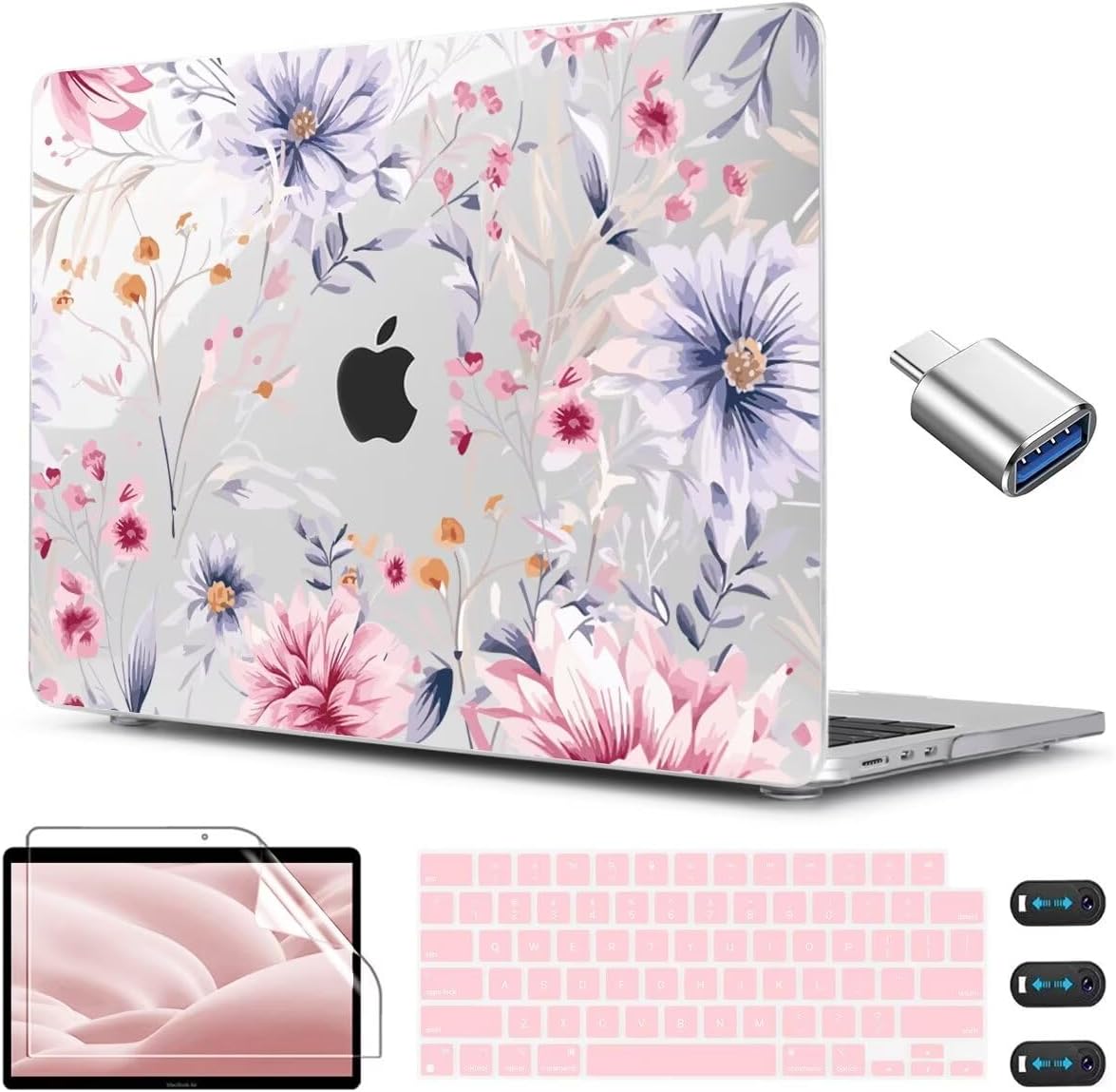 CISSOOK Flower Case for MacBook Air 13.6 Inch M4 M3 M2 Chip Model A3240 A3113 A2681, Plastic Shell Cover with Keyboard Cover Screen Protector for MacBook Air 13 2022-2025, Flowers Watercolor