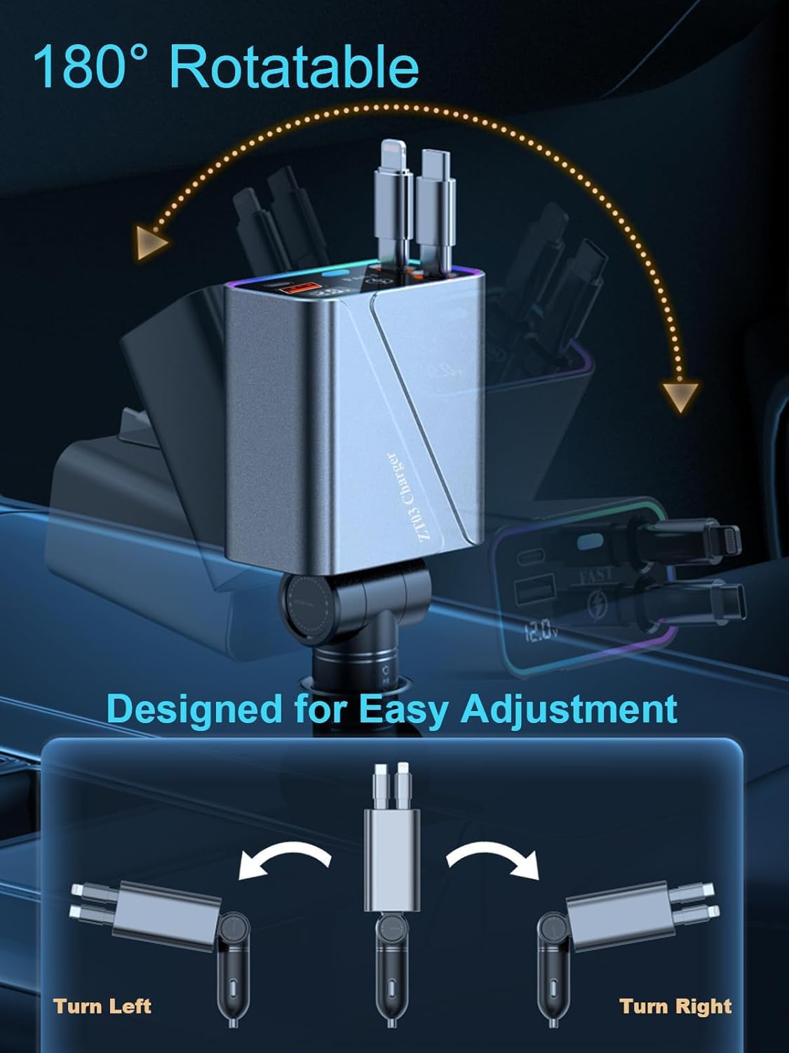 4 in 1 Retractable USB C Car Charger Adapter - 146W/65W Fast Charging, 35.43in Cord, Gift for Men & Women, Compatible with iPhone 16/15/14/13/12 & Android