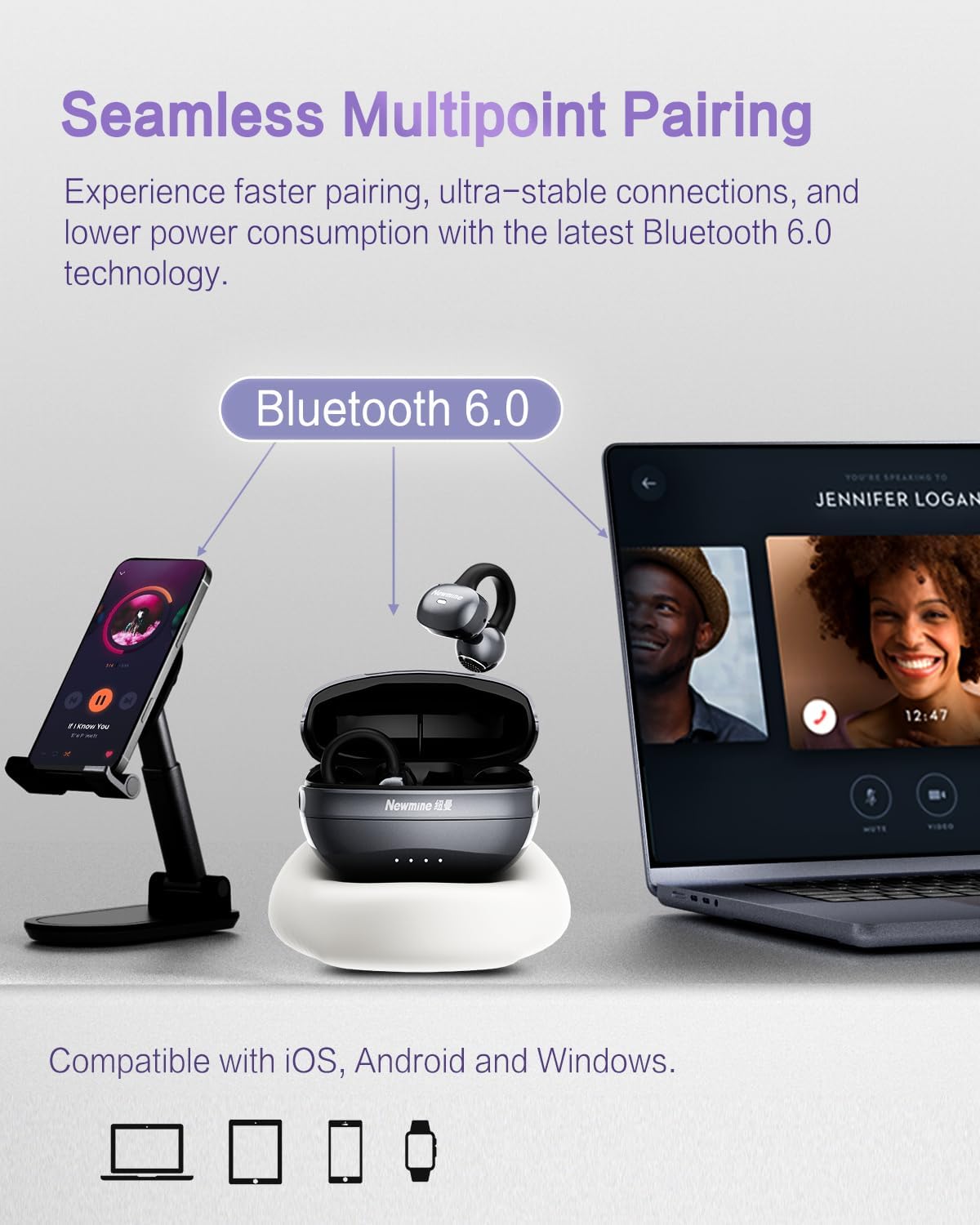 A50 Clip on Earbuds, Bluetooth 6.0 Wireless Open Ear Headphones w/5.3g Weightless Comfort,48H Playtime,3D Soundstage,Clear Call Mics,IPX5,Multipoint Connection,Fit for Workout Running Purple