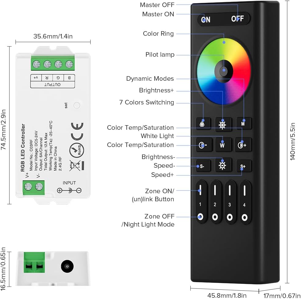 BTF-LIGHTING 5050SMD FCOB COB RGB RF Remote RC03RFB &3PCS C03RF LED Tuya LED Controller Kit 4 Zones RF 2.4GHz Wireless Remote Group Control PWM RGB (+ R G B) 4pin LED Strip DC5V DC12V DC24V