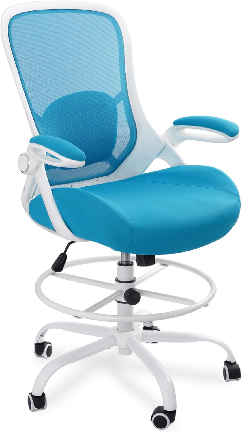 HYLONE 400lbs Heavy Duty Drafting Chair 5" Thickened Seat Office Chair with Flip-Up Armrests Tall Ergonomic Computer Chair with Lumbar Support and Adjustable Footrest Ring Standing Desk Chair (Blue)