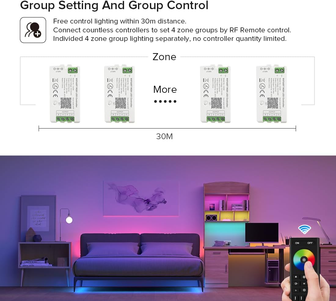 BTF-LIGHTING 5050SMD FCOB COB RGB RF Remote RC03RFB &2PCS C03RF Tuya Controller Kit 4 Zones RF 2.4GHz Wireless Remote Group Control PWM RGB (+ R G B) 4pin LED Strip DC5V DC12V DC24V