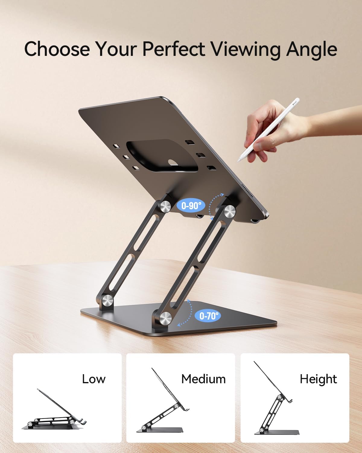Foldable Aluminum Laptop Stand for 10-17.3" Laptops, Height Adjustable Portable Ergonomic Computer Holder, Space Saving Desk with Heat Dissipation. Compatible with MacBook/Dell/HP etc, Black