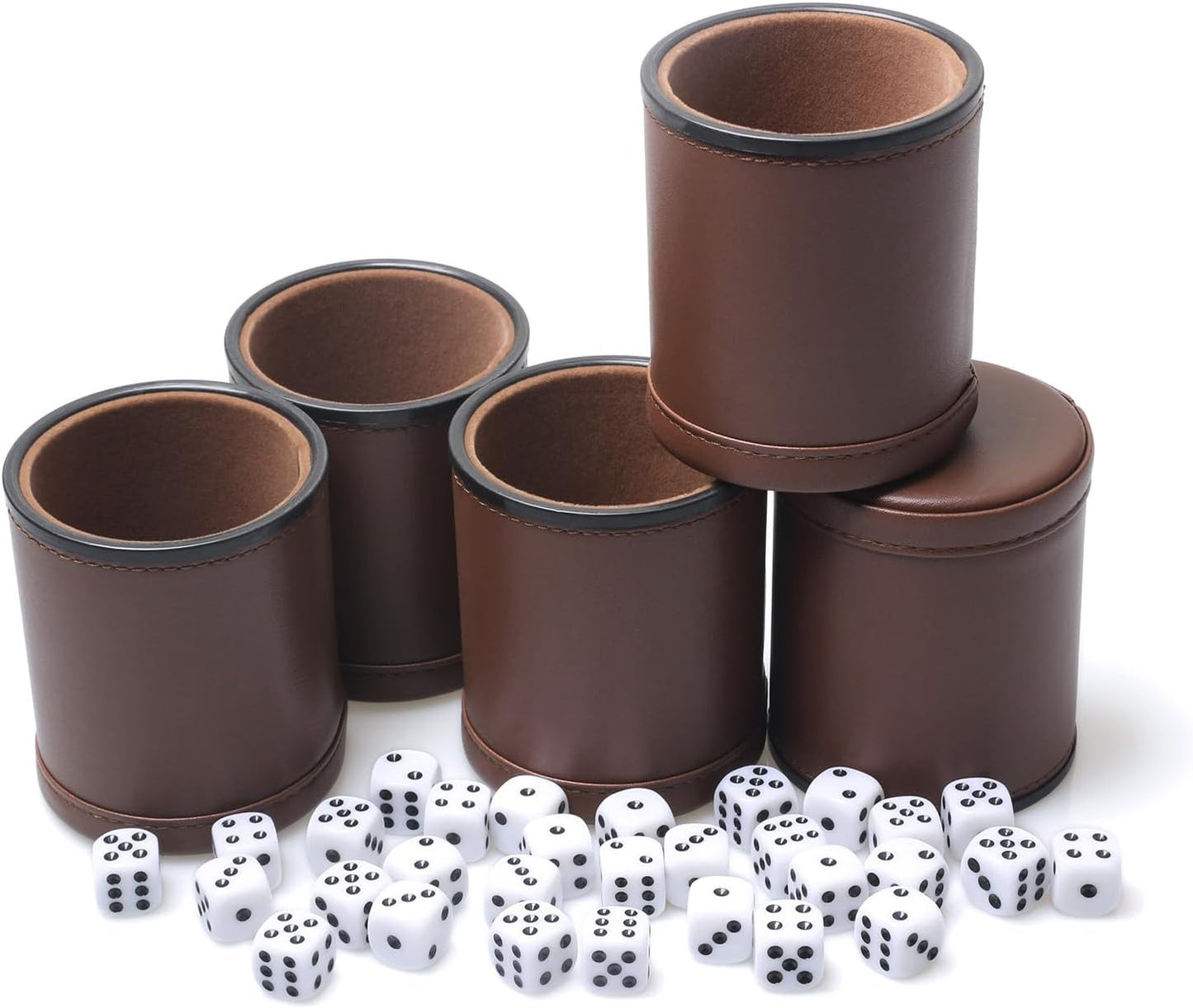 5 Pack PU Leather Dice Cups Velvet Felt-Lined Shaker Cups with 25 Dot Dice for Bar Party Yahtzee Farkle Dice Games, Brown