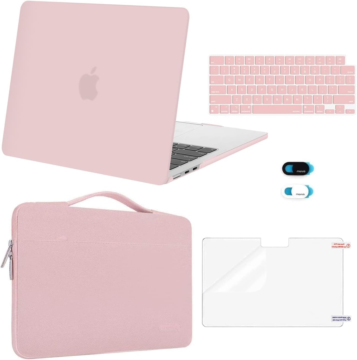 MOSISO Compatible with MacBook Air 13 inch Case 2025 2024 2023 2022 M4 A3240 M3 A3113 M2 A2681, Hard Shell&Sleeve Bag&Keyboard Skin&Webcam Cover&Screen Film for MacBook Air 13.6 inch, Baby Pink
