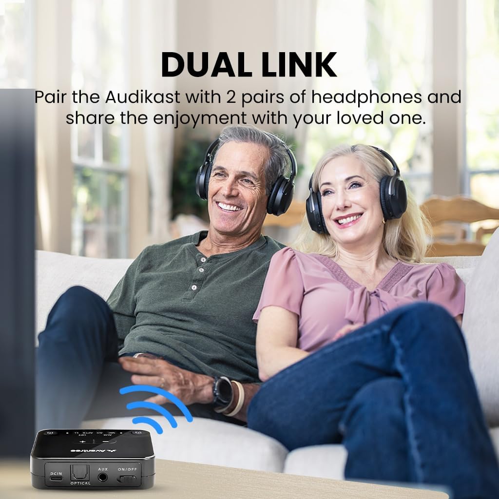 Avantree Audikast 3 – Bluetooth 5.3 Transmitter for TV Audio via Optical & AUX Outputs, aptX Adaptive, Dual Headphone Connection, 100ft Range