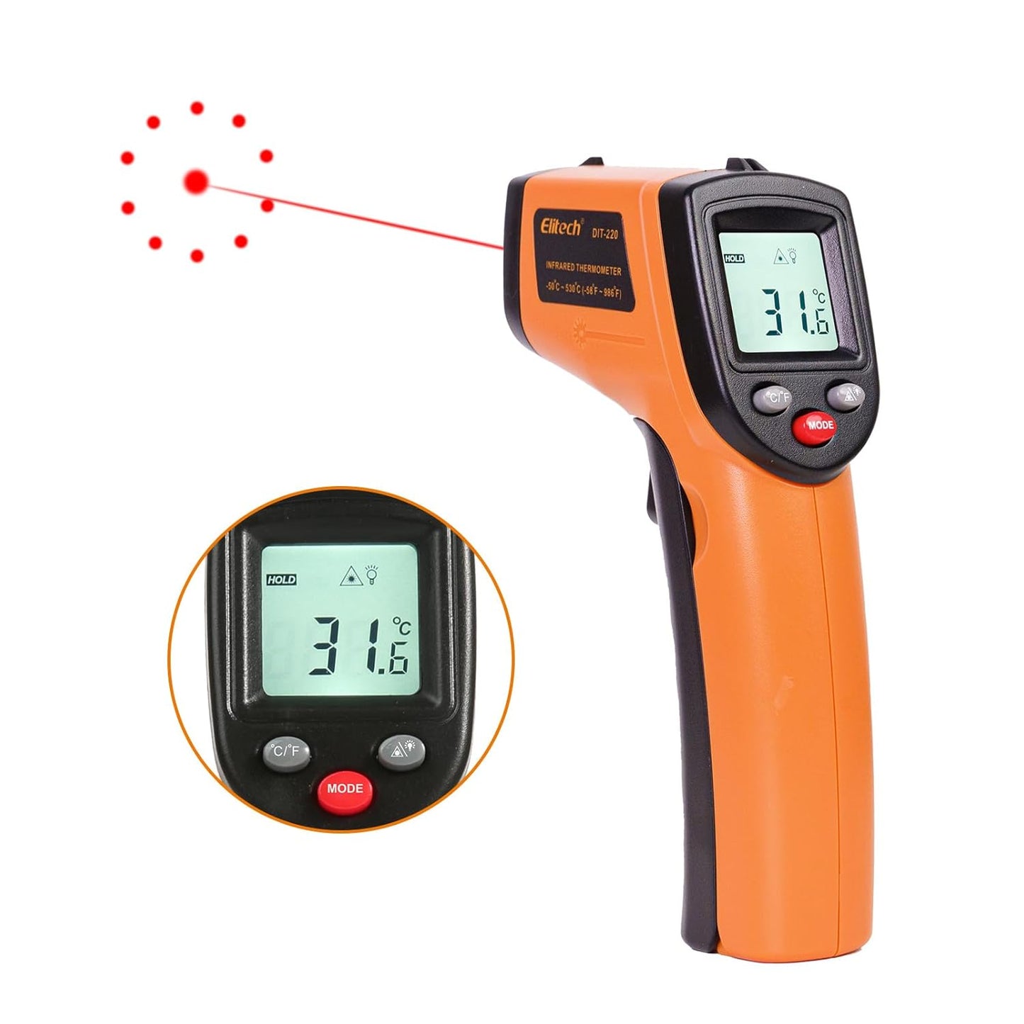Elitech Laser Temperature Gun, Non-Contact Digital Infrared Thermometer, Adjustable Emissivity, Backlight, Handheld for Grill, Meat, Food, Candy, Automotive, HVAC Tools, -50~530°C(-58~986°F), DIT-220