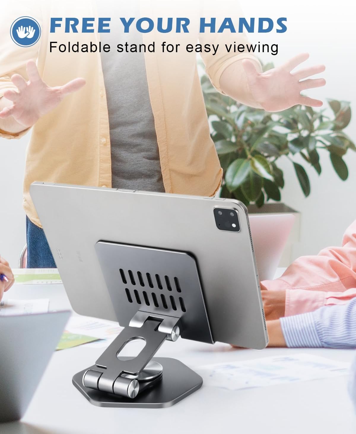 Foldable Aluminum Tablet Stand for Desk, 360° Swivel iPad & Tablet Holder – Portable & Stable Desktop Mount for 5–12.9in Devices, Grey
