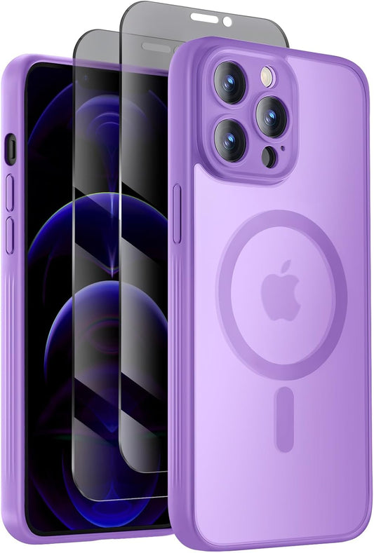 Designed for iPhone 12 Pro Case, Compatible with MagSafe, with Privacy Screen Protectors X2, [Camera Protection] [15FT Military Drop Protection] Shockproof Phone Case, 6.1", Light Purple
