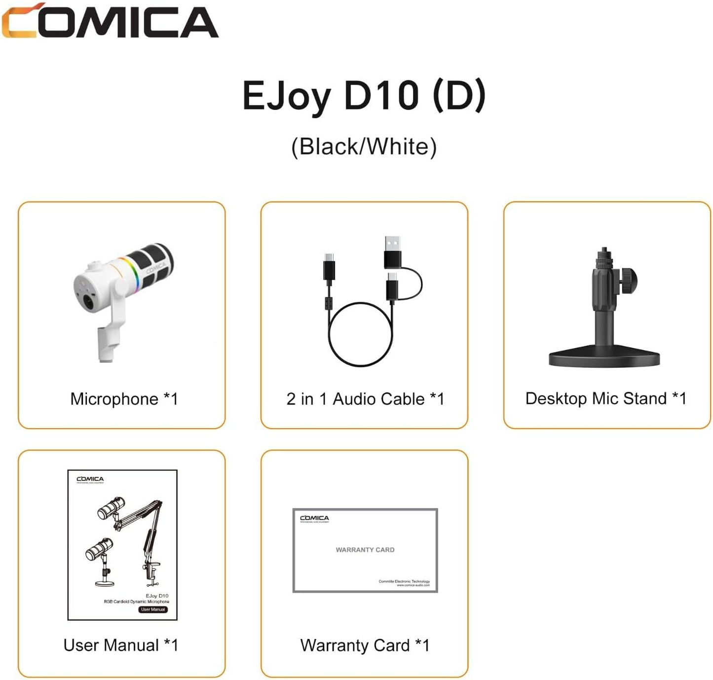 COMICA EJoy D10 D USB/XLR Dynamic Microphone with RGB Light &CalMix Denoise &Mute Button- Studio-Quality Cardioid Mic with Desktop Stand for Gaming, Streaming, Podcast,YouTube(PC/PS5/Xbox/Mac (White)