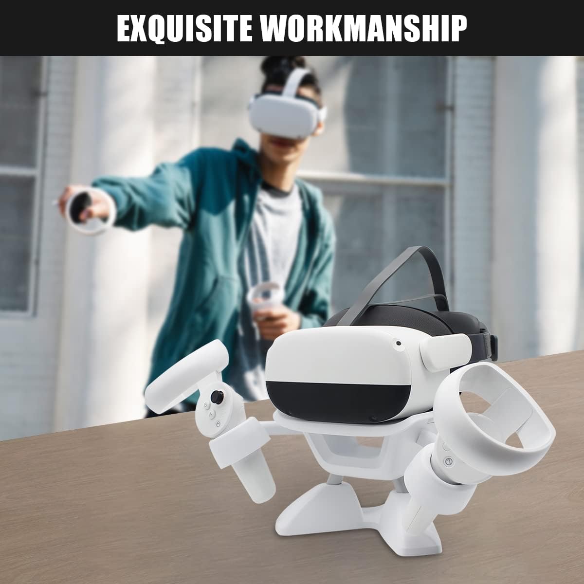 Dollox VR Stand, VR Headset Stand VR Display Holder Storage Virtual Reality Headset Desktop Display Stand for Oculus Quest 2, Quest 3/3s, Rift, Rift S, Valve Index Headsets & Touch Controllers