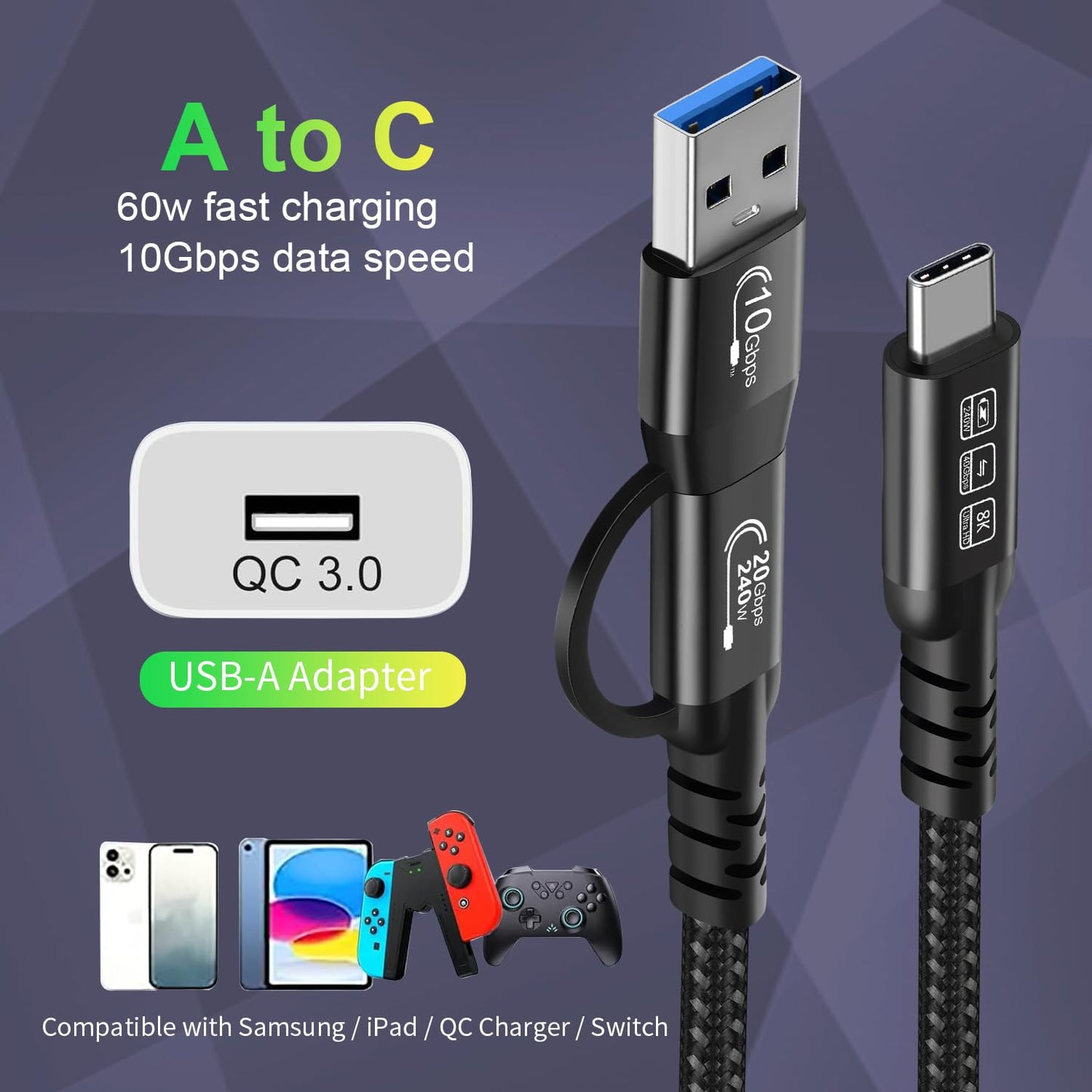 CABLEDECONN USB2.0 A to USB C 3.2 Type C 20Gbps Male to Male Detachable 0.5m 1.6ft Cable Data Extension 10Gbps 240W Fast Charge 8K Ultra HD Video Data Connection Power Line