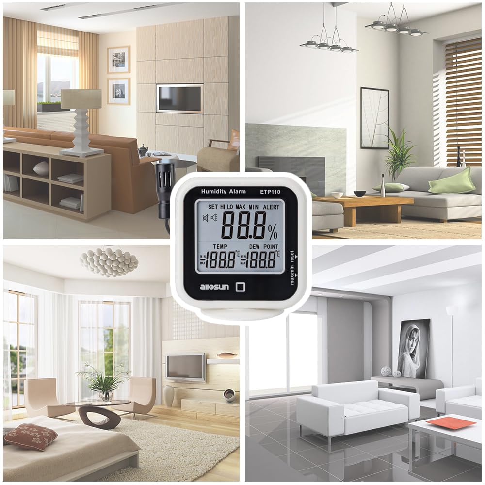 ALLOSUN Digital Thermometer Hygrometer Indoor Humidity Greenhouse Temperature Monitor Alarm Long Probe Gauge Dew-Point Meter with LCD Display