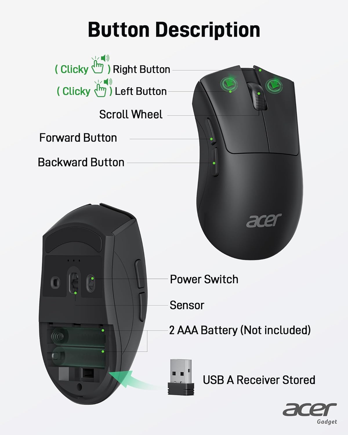 acer Wireless Mouse, 1200 DPI Computer Mouse for Laptop with 2.4GHz USB A Receiver, 5 Buttons Compatible for Windows, macOS, Android (Black)