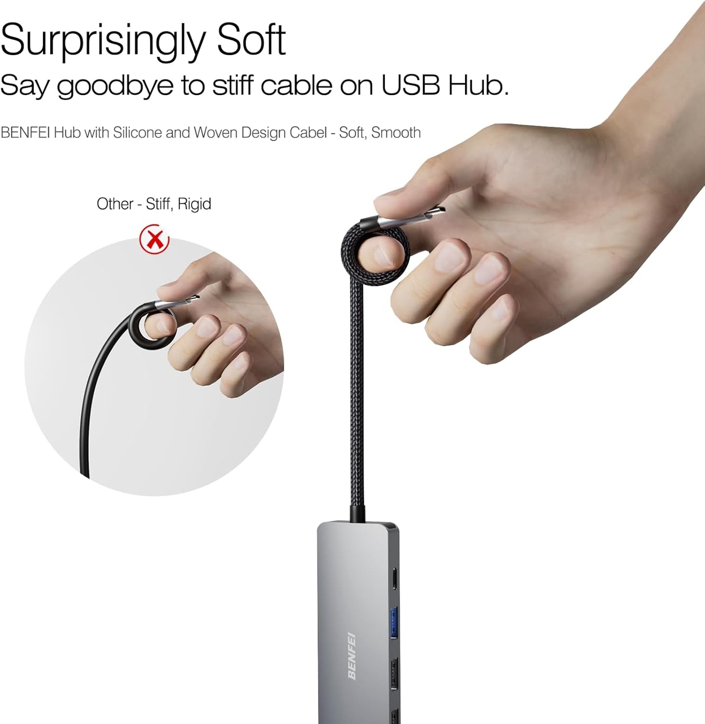 BENFEI USB C Hub 5-in-1 with 4K HDMI(Certified), 100W Power Delivery, 3 USB-A, Silicone Cable, Aluminum Case Compatible with MacBook Pro/Air, iPad Pro, iMac, iPhone 15 Pro/Pro Max, XPS, Thinkpad