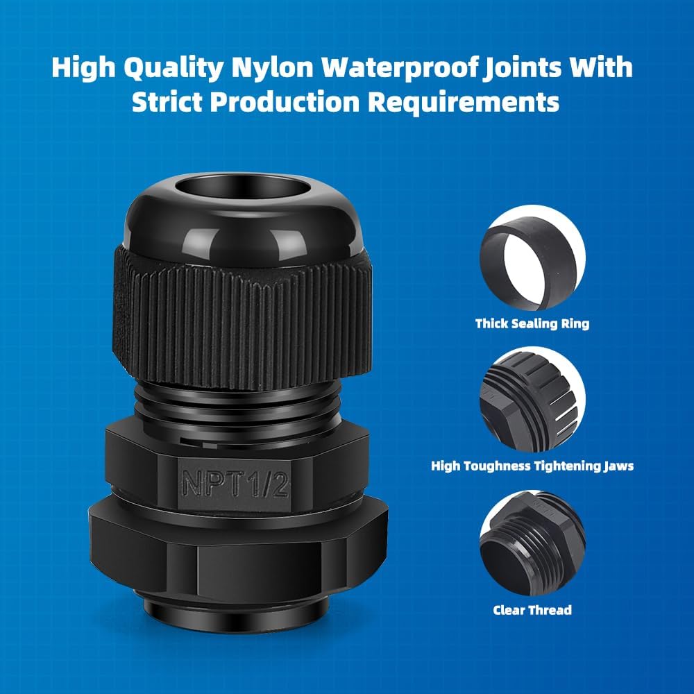 Cable Gland 12 Pack 1/2" NPT Waterproof Adjustable Connector Strain Relief Cord Connectors Joints Nylon with Gaskets…