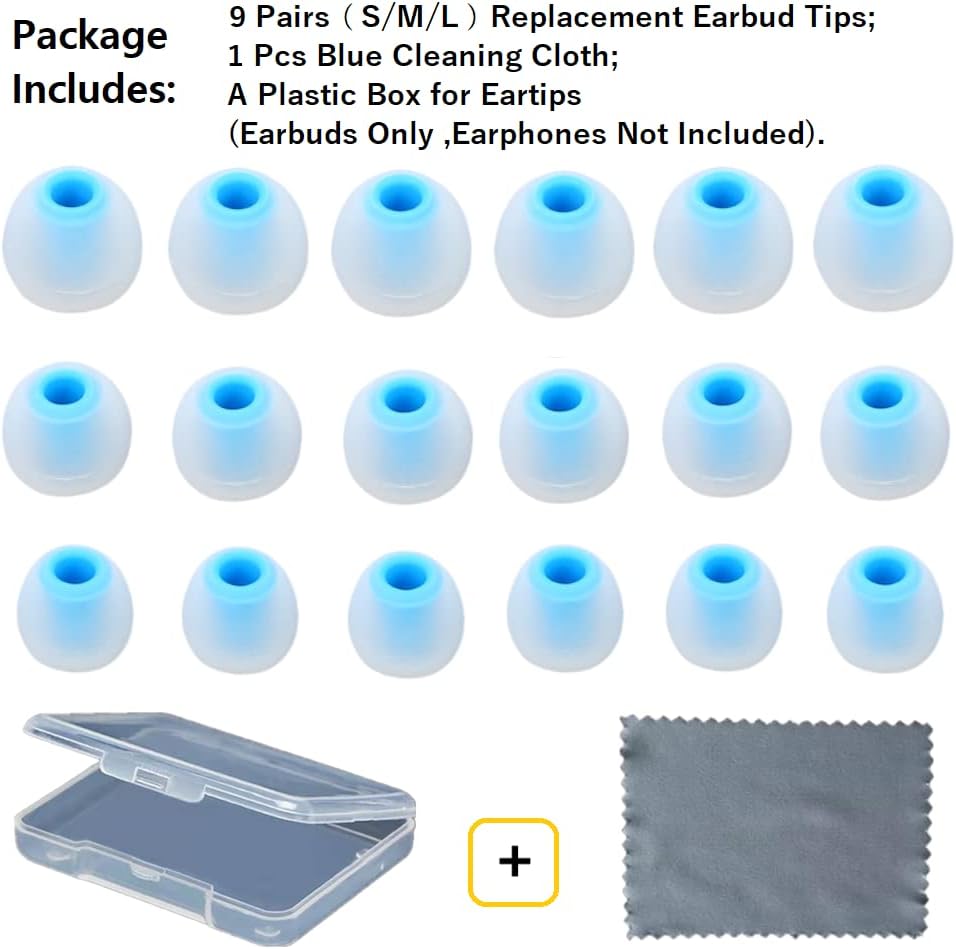 Earbud Tips Replacement Earbud Tips Ear Bud Replacement Pieces Silicone Soft and Comfortable Fit for Inner Hole from 3.8mm - 5.1mm Earphones 9 Pairs S/M/L Clear Blue