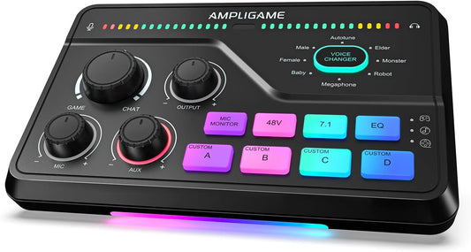 Fifine Gaming Audio Mixer for 7.1ch Surround Sound Headphone Amp-Volume Control-Voice Chat and Streaming-XLR Mic Preamp-USB Plug&Play-Voice Changer-RGB-3 EQ Modes Ampligame SC8