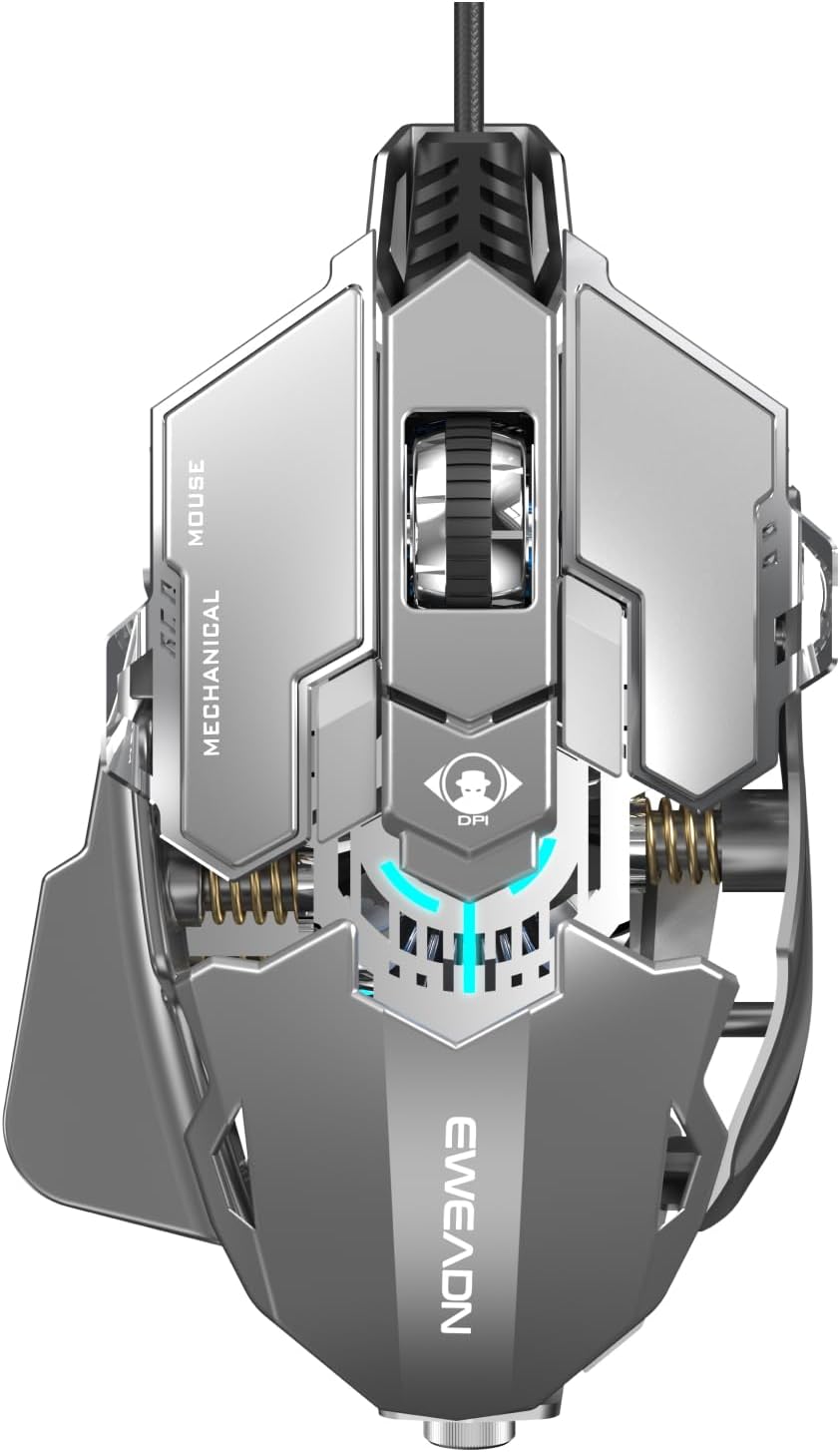 EWEADN G5 Wired Gaming Mouse, Ergonomic RGB Computer Mouse, 12800 Adjustable DPI, 9 Programmable Macro Buttons with Rapid Fire Key Compatible for PC/Laptop/Windows-Grey&White