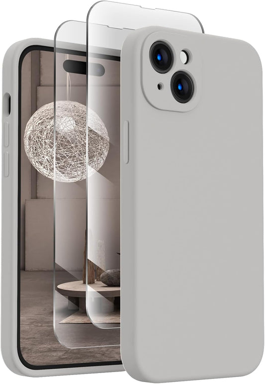 FireNova Designed for iPhone 15 Case, Silicone Upgraded [Camera Protection] Phone Case with [2 Screen Protectors], Soft Anti-Scratch Microfiber Lining Inside, 6.1 inch, Natural Titanium