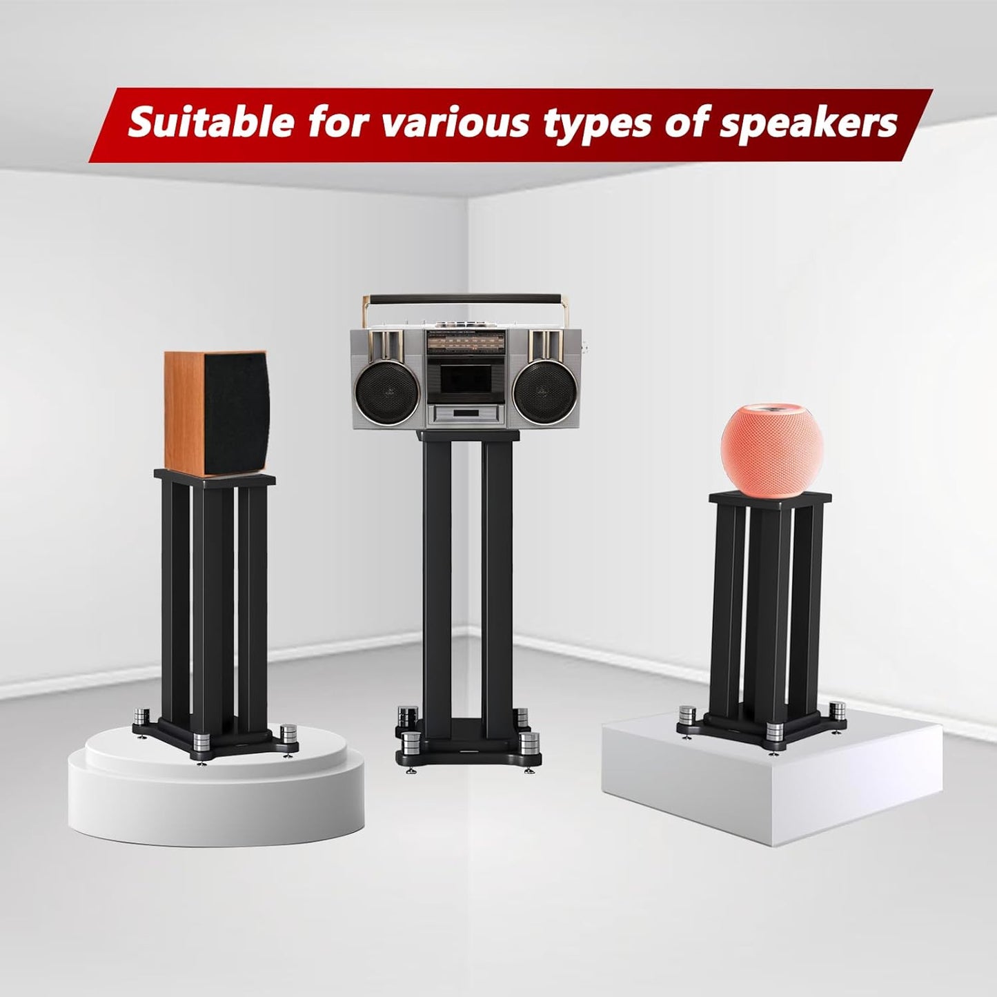 A Pair of Universal Speaker Stands, Heavy Duty Speaker Stands Holds Bookshelf Speaker Satellite Speaker Large Speaker, Vibration-Absorbing MDF Design, Holds 88lbs Speaker (Black, 20cm/7.8in)
