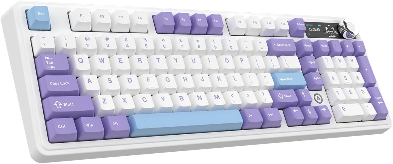 AK980 97Keys Tri-Mode Full Mechanical Keyboard, Gasket-Mounted, Hot-Swappable, 1.14” TFT Smart Display, Bluetooth 5.1/2.4G Wireless/Wired, PBT Keycaps RGB Backlit (Purple, Qingyun Tactile Switch)