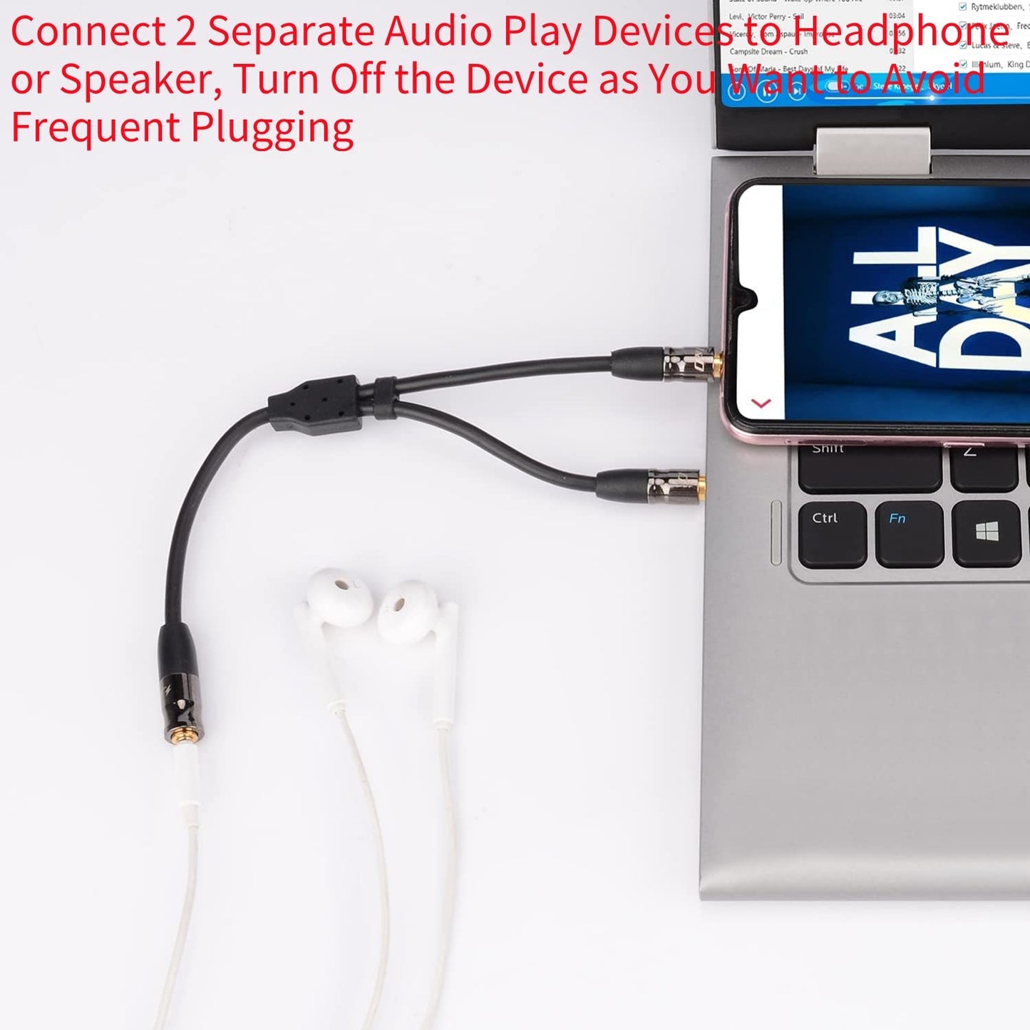 J&D 3.5 mm to 2X 3.5 mm Cable, Gold Plated Joint Copper Shell Heavy Duty 3.5mm 1/8 inch TRS Female to Dual 3.5 mm 1/8 inch TRS Male Y-Splitter Stereo Audio Adapter Cable, 0.65 Feet