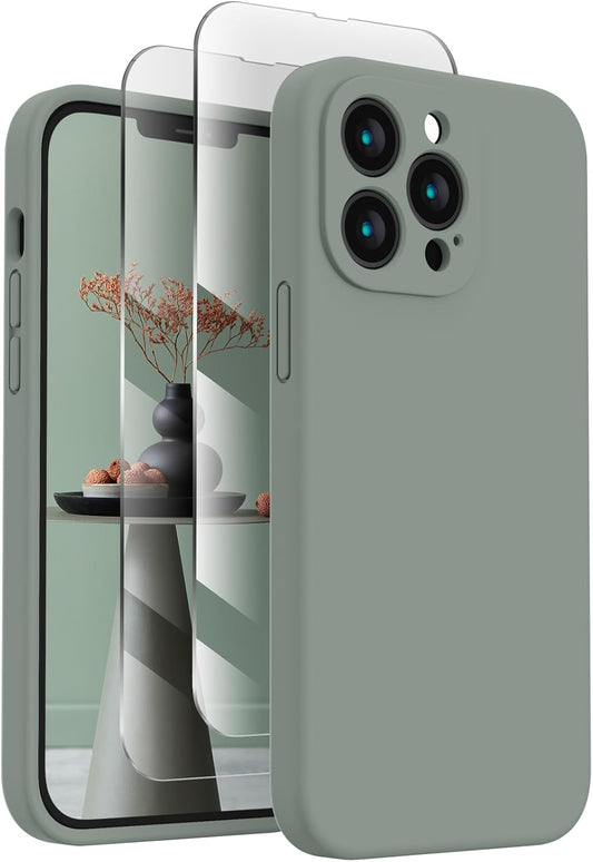 FireNova Designed for iPhone 13 Pro Max Case, Silicone [Camera Protection] Phone Case with [2 Screen Protectors], Soft Anti-Scratch Microfiber Lining Inside, 6.7 inch, Calke Green