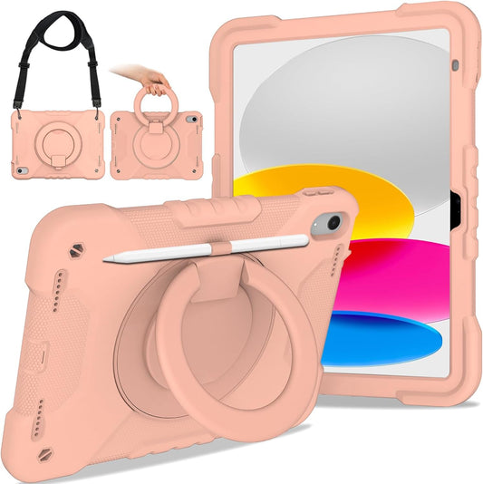 Case for iPad (A16) 11th Generation 11 inch 2025/10th Generation 10.9 inch 2022, Heavy Duty Shockproof Kids Protection Cover with Pencil Holder/360° Rotating Stand/Handle/Shoulder Strap, Rose Gold