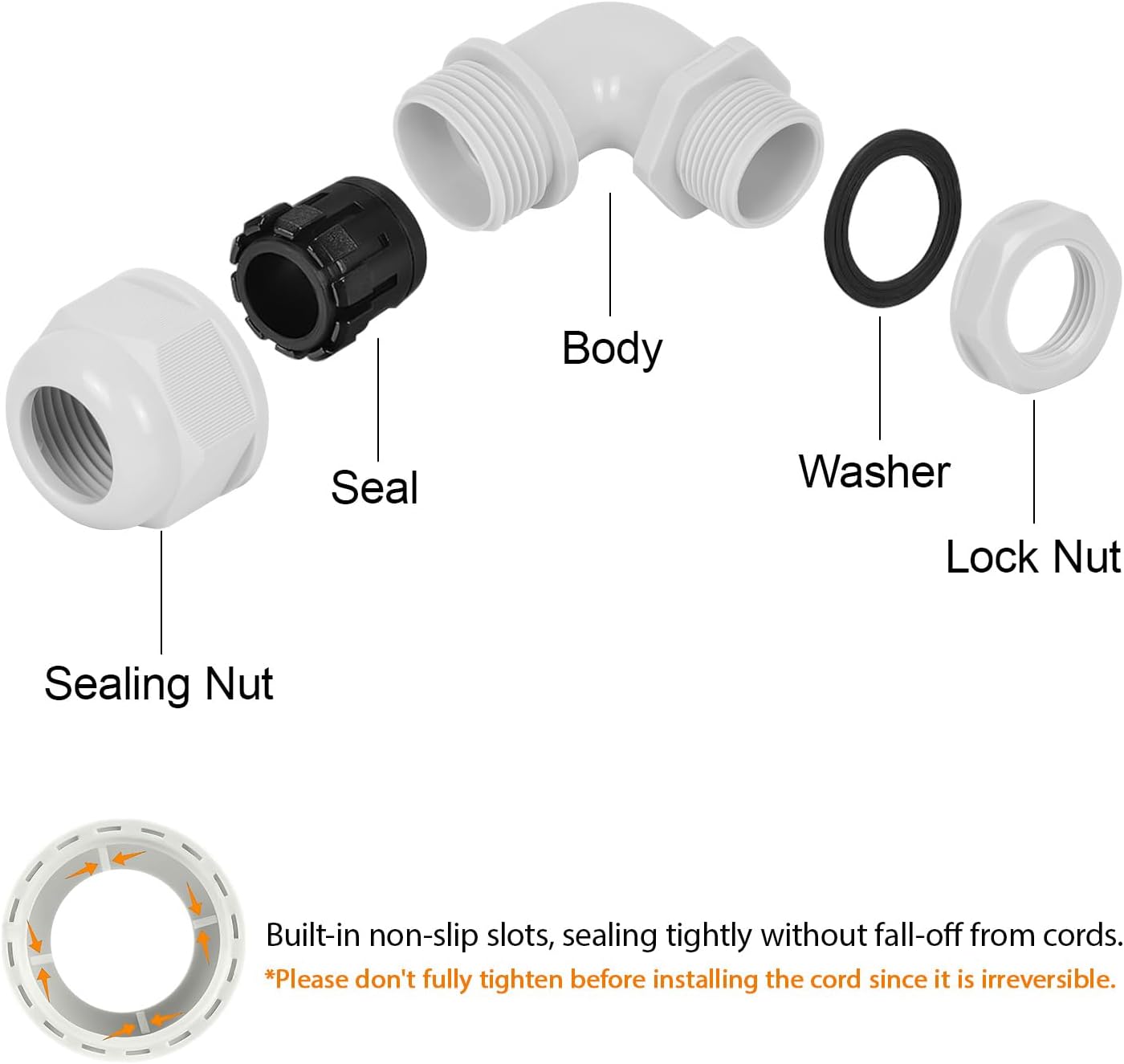 LeMotech M20 Cable Gland, 90 Degree Adjustable 9-14mm Strain Relief, Cord Connectors Nylon Joints with Gaskets, 6 Pcs, Grey