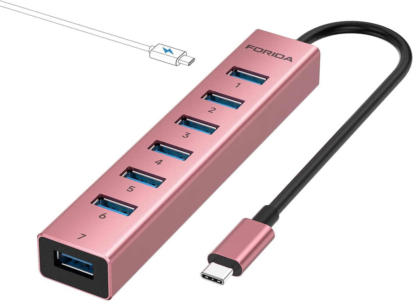 FORIDA USB C Hub-8 Port USB HUB with 7 USB3.0 Data Ports,Aluminum Alloy USBC Splitter with Type C 5V/3A Power Port Compatible with MacBook,iPad,Surface Pro,Laptop,PC (Rose Gold,USB C-9.8in)