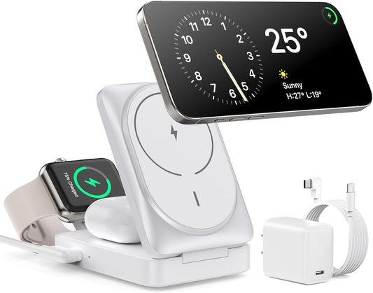 3-in-1 Wireless Charger Charging Station for iPhone, Qi2 Certified 15W Fast Charging Foldable Magnetic Charger Stand with 30W USB C Adapter for MagSafe iPhone 16/15/14/13/12, Apple Watch, AirPods