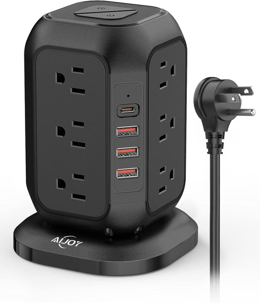 AiJoy Power Strip Tower Surge Protector with 12 AC Outlets, 3 USB-A & 1 USB-C Ports, 10 FT Extension Cord, Charging Station with Overload Protection, for Home Office Dorm Living Room