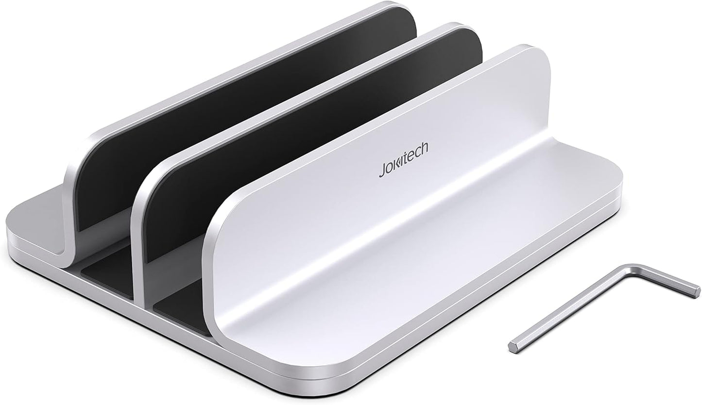 Double Aluminum Laptop Vertical Stand Organizer, Sturdy Notebook Computer Holder Stand Compatible with New Liquid Retina XDR Apple MacBook Air/Pro, Mac mini, Apple TV and iPad Pro - Silver