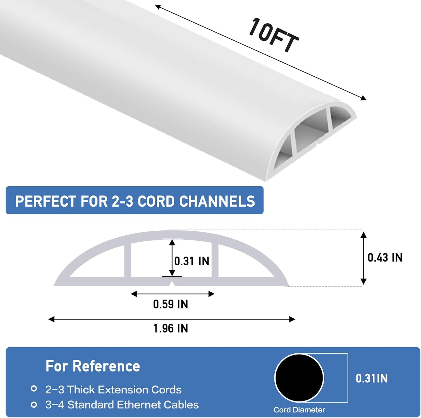 Floor Cord Cover Self Adhesive Cord Hider Floor Extension Cord Covers for Floor Power Cord Protector Cable Management Prevent Cable Trips Cable Cavity 0.59" W x 0.31" H (White, 10Ft)