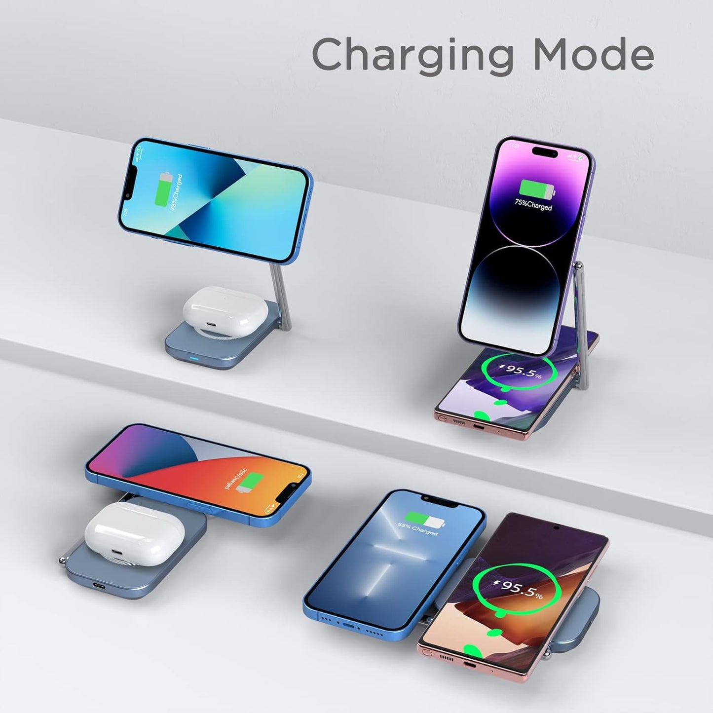 2-in-1 MagSafe Charger Stand, 20W Foldable Travel Fast Magnetic Wireless Charger, Zinc Alloy Wireless Charging Station for iPhone 15/14/13/12 Series, AirPods Pro/3/2
