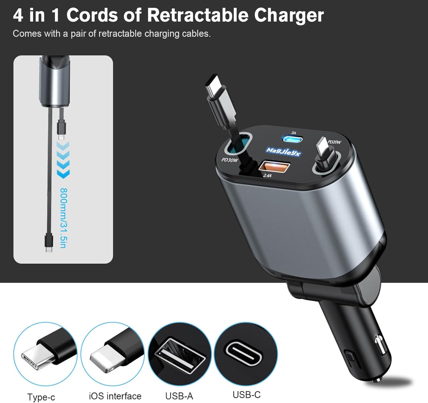 4 in 1 Retractable Car Charger, USB C Fast Charging Adapter[Max80W] with USB-i Cable&Dual Charge Port Compatible with iPhone 16/15/14/13/12/11 Pro Max Plus/iPad/AirPods,Galaxy,Google