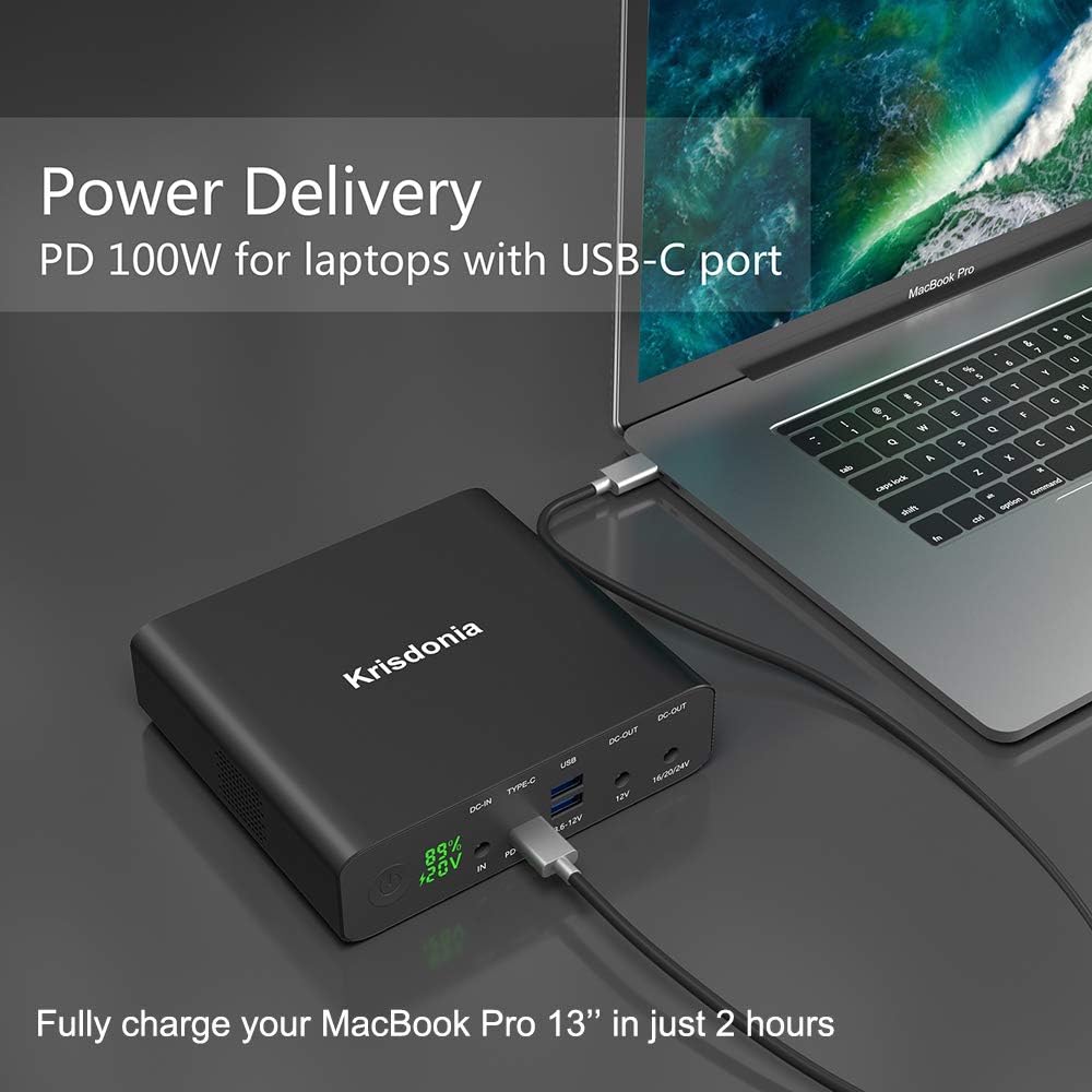 Krisdonia Portable Laptop Charger 32000mAh 100W PD Power Bank, External Battery Pack with 1 USB-C PD3.0 Port, 2 DC Ports, 2 USB QC3.0 Ports for Laptops, Tablets, Smartphones and Other Devices