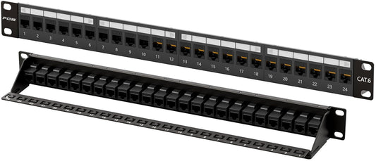 FGB 10Gbps Patch Panel 24 Port, Cat6 Keystone Patch Panel, 19" Rackmount or Wall Mount, 1U with Back Bar, Network Patch Panel for Gigabit Ethernet