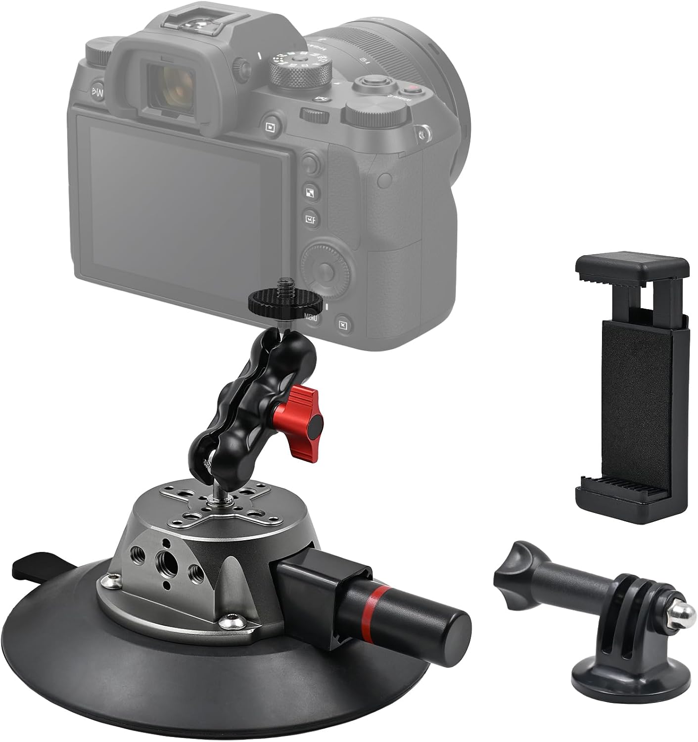 Suction Cup Camera Mount with Ball Head Magic Arm, 5.9"/15cm Air Pump Vacuum Camera Suction Mount on Car Windshield Dash for Action Cameras/Phone Holder, with 1/4" & 3/8" Mounting ARRI Holes