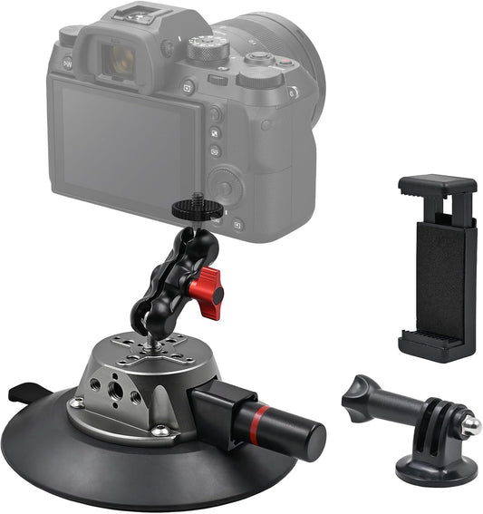 Suction Cup Camera Mount with Ball Head Magic Arm, 5.9"/15cm Air Pump Vacuum Camera Suction Mount on Car Windshield Dash for Action Cameras/Phone Holder, with 1/4" & 3/8" Mounting ARRI Holes