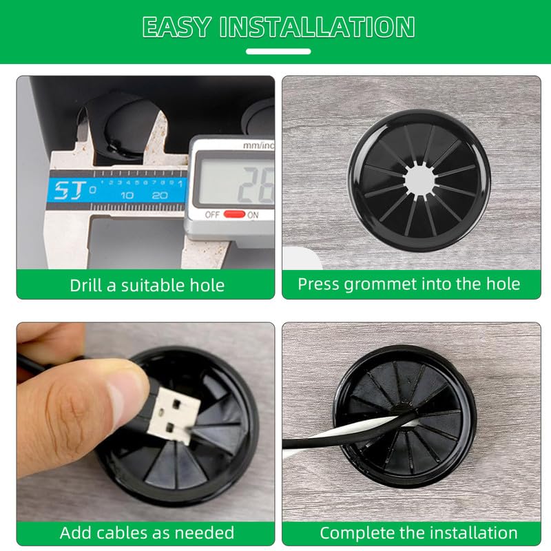 4PCS Cable Grommets, 2-15/16"(75mm) Desk Hole Cover Petal Shaped Buckle Type Nylon Snap Bushing Grommet, Wire Hole Cover Insert for Cables and Cords Management and Protection of Cabinet, Black