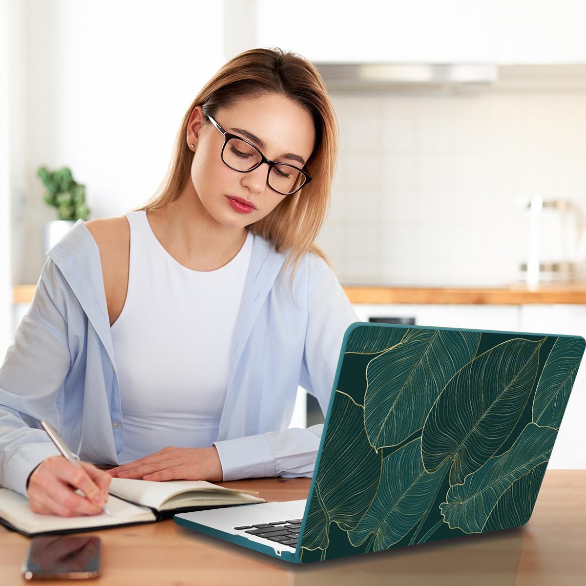 Teryeefi Compatible with MacBook Air 13.6 Case M2 M3 M4 2022-2024 2025 Release (Model:A2681 A3113/A3240), Plastic Hard Shell Cover with Screen Protector & Keyboard Cover & USB 3.0 Adapter, Green Leaf