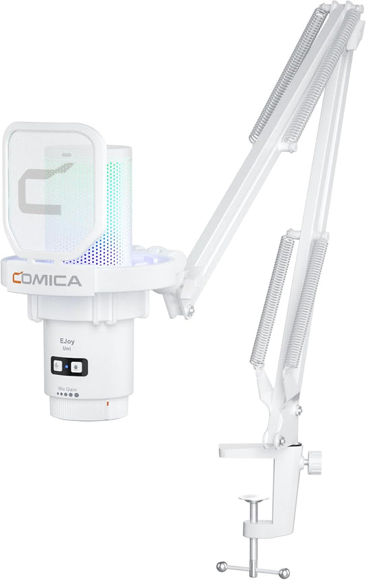 COMICA EJoy Uni USB Microphone for PC Gaming, Streaming, Podcast, YouTube, with Noise Cancellation, Mute, Gain, Monitoring - Condenser Mic for PS5, PS4, Mac, Computer (Boom Arm Mic) - White